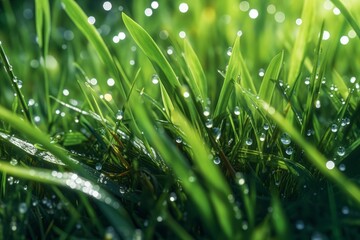 Fototapeta na wymiar Sparkling morning dew on a patch of green grass, accentuating the connection between chlorophyll, water, and the natural environment. Generative AI
