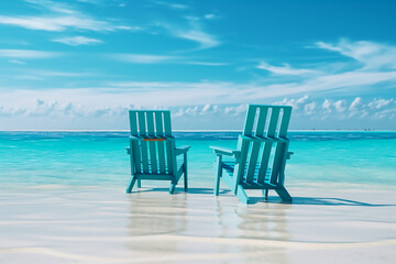 Fototapeta na wymiar A beautiful pair of lounge chairs lying on the beach