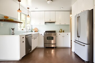 mid-century modern kitchen, with sleek white cabinetry and industrial steel appliances, created with generative ai