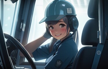Asian Anime Woman Truck Driver Background Setting Extremely Gorgeous Design Generative AI