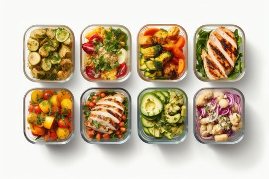 An image showcasing a series of colorful and nutritious meal preps, including salads, grilled chicken, quinoa, and vegetables, presented on a clean white background. Generative AI