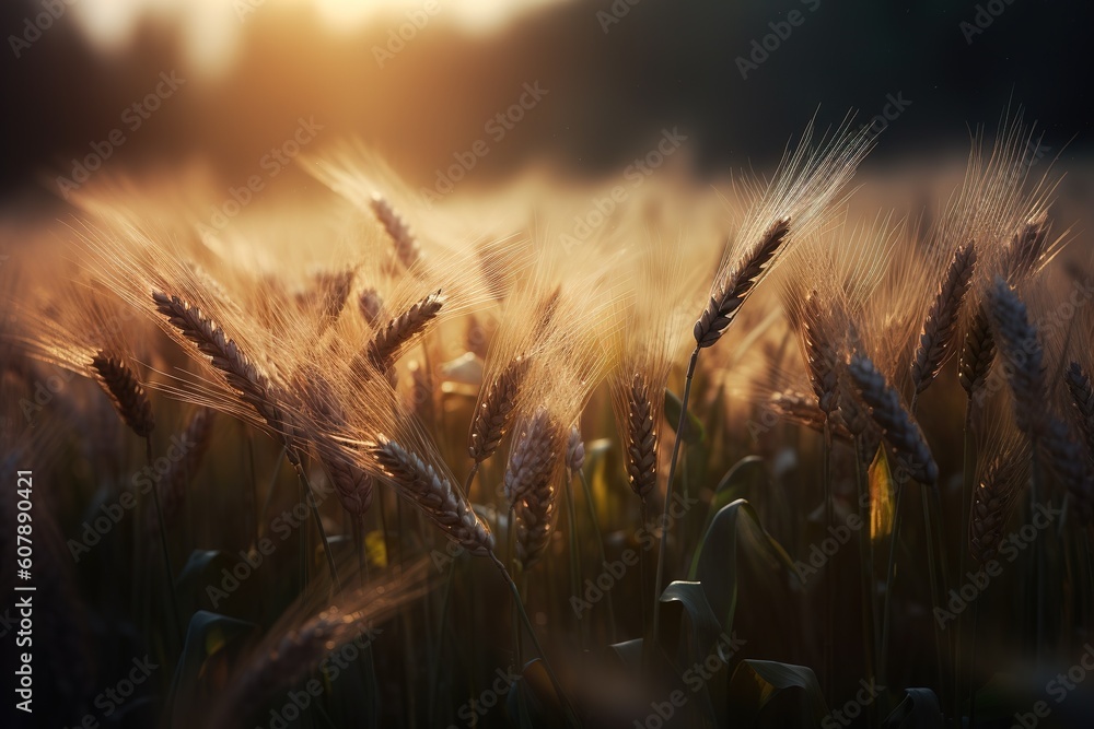 Poster a detailed view of a wheat field in the distance generative ai