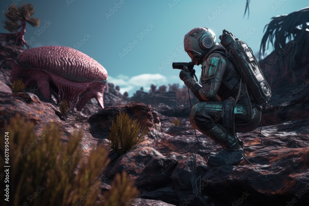 Wall mural alien scout, exploring new planet and observing indigenous lifeforms, created with generative ai