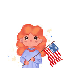 Ilustración del 4 de julio, niña con la bandera de estados unidos y sin fondo
