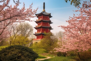Fototapeta premium chinese pagoda surrounded by blooming cherry blossem in springtime, created with generative ai