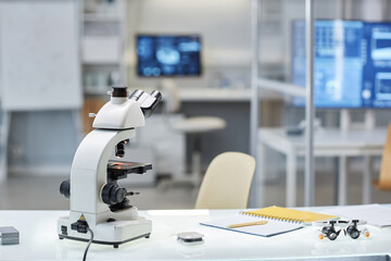 Background image of laboratory equipment on table with focus on electronic microscope, copy space