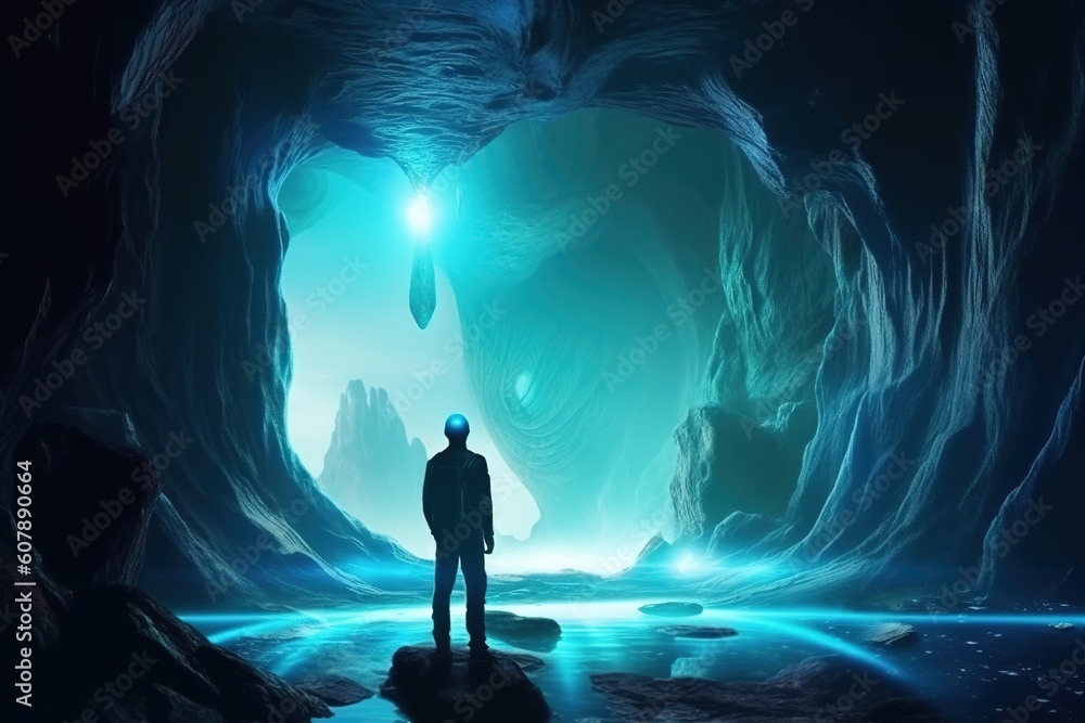 Poster a single individual in front of a grotto generative ai