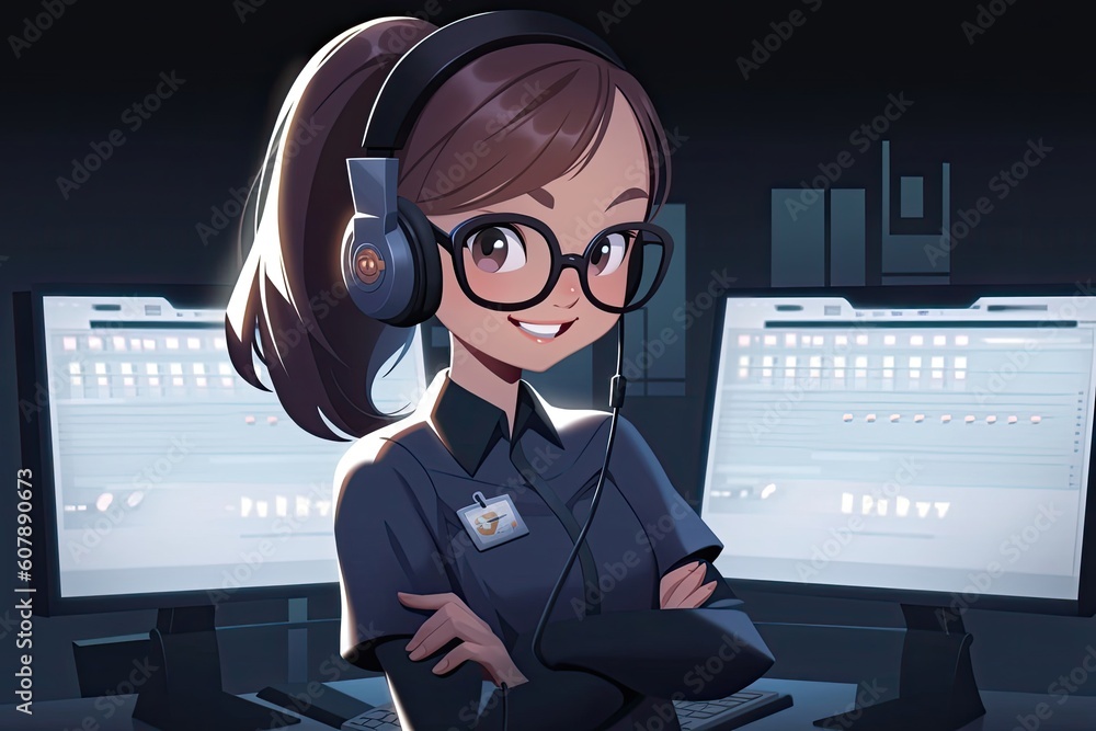 Poster asian anime woman web developer background setting smiling design generative ai