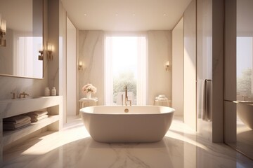 Naklejka na ściany i meble An image featuring a luxurious spa-like bathroom with a freestanding bathtub, marble accents, and soothing lighting, creating a serene oasis for relaxation. Generative AI
