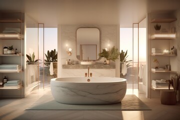 Naklejka na ściany i meble An image featuring a luxurious spa-like bathroom with a freestanding bathtub, marble accents, and soothing lighting, creating a serene oasis for relaxation. Generative AI
