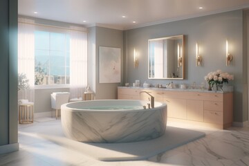 Fototapeta na wymiar An image featuring a luxurious spa-like bathroom with a freestanding bathtub, marble accents, and soothing lighting, creating a serene oasis for relaxation. Generative AI