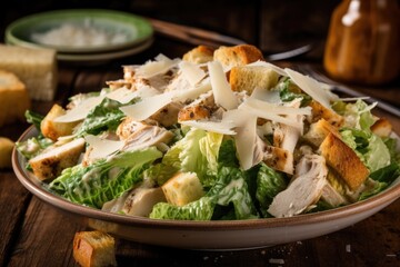 pile of chicken caesar salad, topped with croutons and parmesan cheese, created with generative ai - obrazy, fototapety, plakaty