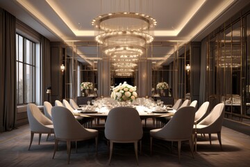 Glamorous dining room in a luxury residence, featuring a large dining table, exquisite lighting fixtures, and stylish decor. Generative Ai