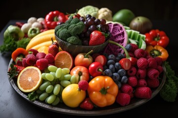 Naklejka na ściany i meble plate of colorful fruits and vegetables, for a boost of vitamins and nutrients, created with generative ai