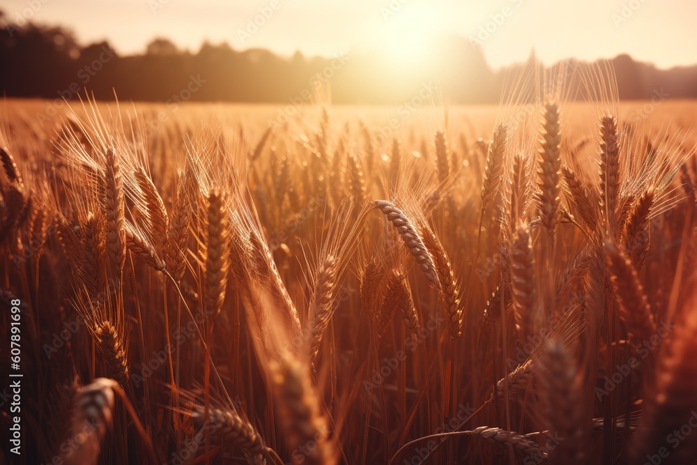 Poster a wheat field with the sun illuminating the scene in the backdrop generative ai