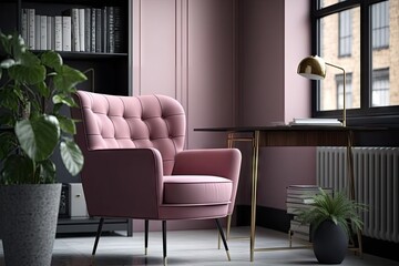 a pink armchair in a modern, sleek office setting, created with generative ai