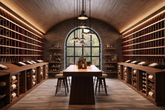 well-stocked wine cellar in a luxury home, with rows of wine bottles, tasting area, and elegant storage displays. Generative AI