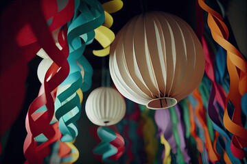 paper streamer hanging from ceiling with a balloon or lantern attached, created with generative ai