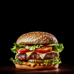 Hamburger with cheese, tomatoes, lettuce, pickles and delicious sauces on black background. generative ai