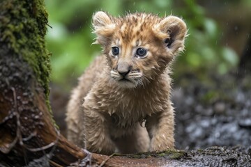 newborn lion cub exploring the outdoors for the first time, created with generative ai
