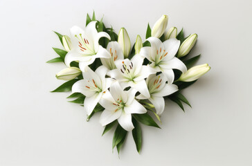 A bunch of white lilies in a heart shape on a white background. AI generative