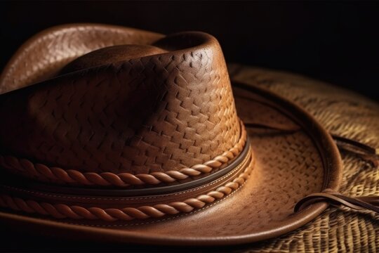 close-up of leather cowboy hat, with rope wrapped around the brim for decoration, created with generative ai