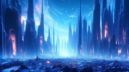 Abstract Digital Landscape with Pulsating Blue Lights