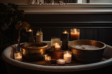 bubbly bath surrounded by candles and other calming scents, created with generative ai