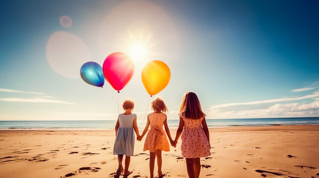 Enfants jouant sur la plage avec des ballons en été - Générative IA