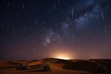 night sky with stars and meteor showers over the dunes of the sahara desert, created with generative ai