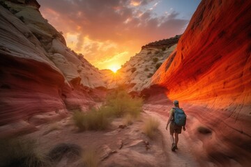 hiker, with sunset in the background, walking through fiery canyon, created with generative ai