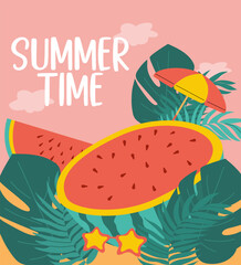 A poster of a beach design with the image of watermelons on the beach. Vector illustration