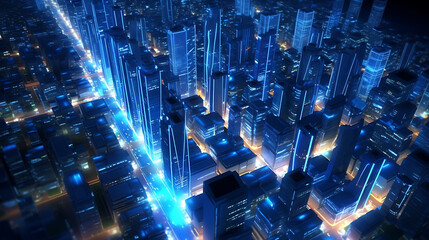 Futuristic Cityscape with Blue Lights