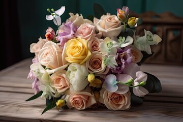 pastel bouquet with mix of roses and orchids on wooden table, created with generative ai