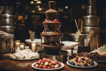 chocolate fountain surrounded by elegant and refined dessert plates, created with generative ai