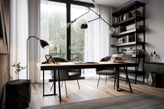 sleek modern home office with minimalist decor and sleek furnishings, created with generative ai