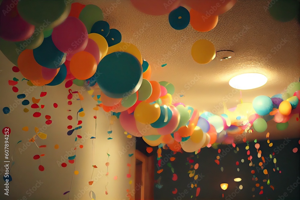 Sticker paper streamer hanging from ceiling, with balloons and confetti for a party, created with generative ai