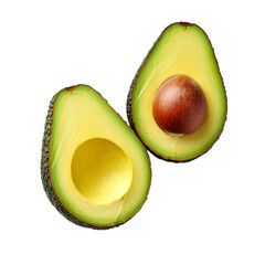 Whole and half fresh avocado fruits isolated on transparent background, png created with Generative AI, Clipping Path