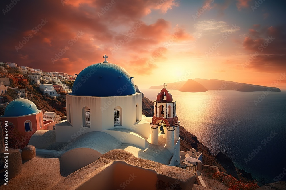 Poster a place of worship perched on the edge of a cliff with a view of the sea generative ai
