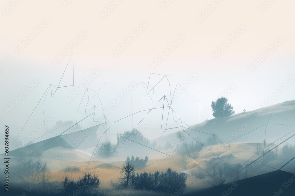 Wall mural abstract and surreal landscape with floating shapes and lines in the misty fog, created with generat