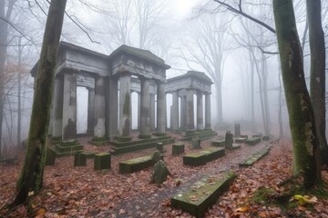 Naklejka premium abandoned temple, with broken columns and half-buried stones, in the misty forest, created with generative ai