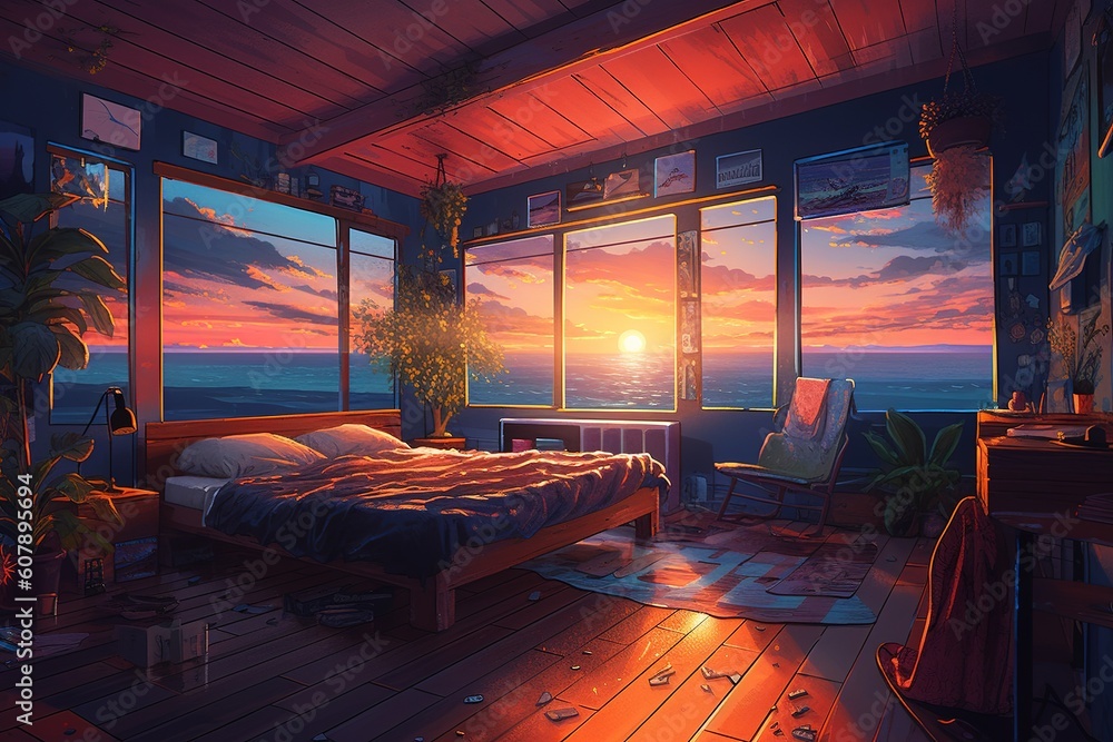 Poster a visual representation of a bedroom that has a view of the sea generative ai