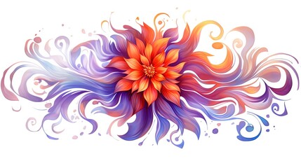 Dahlia in violet, purple and orange on white background, elegant and luxury flower illustration for card. With swirls and ornaments. Generative AI.