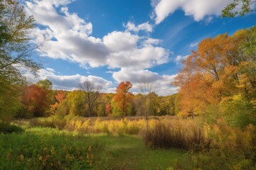 Fototapeta premium fall foliage in the park with clear blue sky and fluffy clouds, created with generative ai