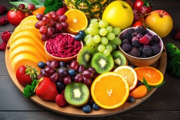 Fototapeta na wymiar plate of colorful fruits and vegetables for a boost of immunity, created with generative ai