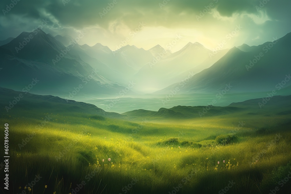 Poster an image depicting a mountainous landscape in the backdrop of a green field generative ai