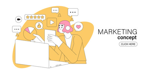 Digital marketing concept for internet, web banner and app design and development, seo, social network. Business marketing, strategy, planning, digital advertising, social media and communication.