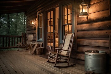 cozy cabin retreat with front porch, rocking chair, and lantern, created with generative ai