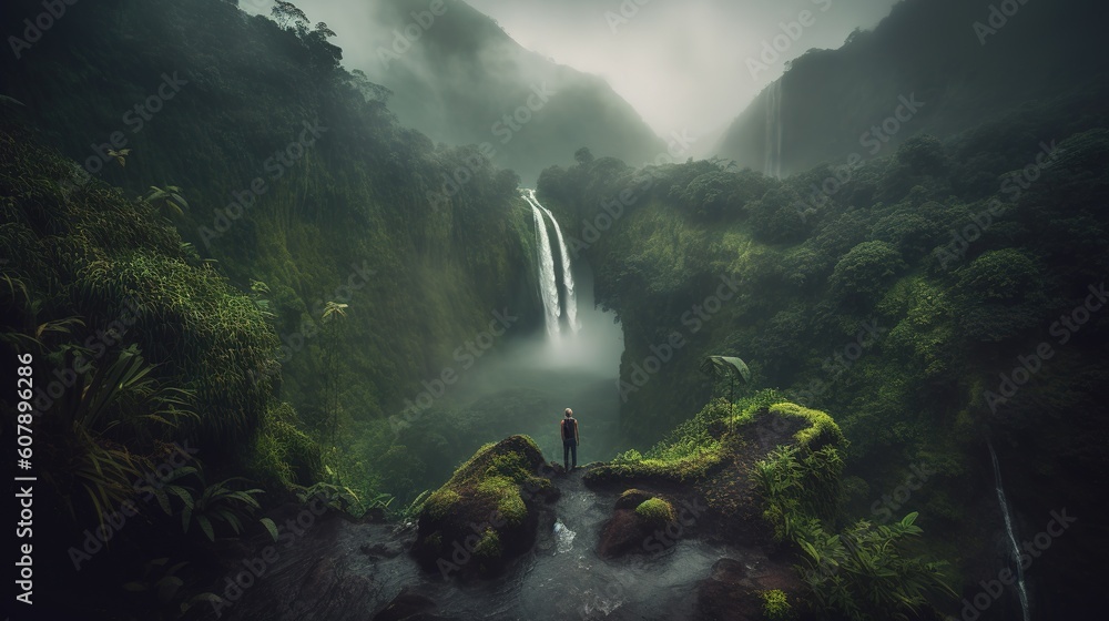 Poster a person positioned themselves in front of a waterfall. generative ai