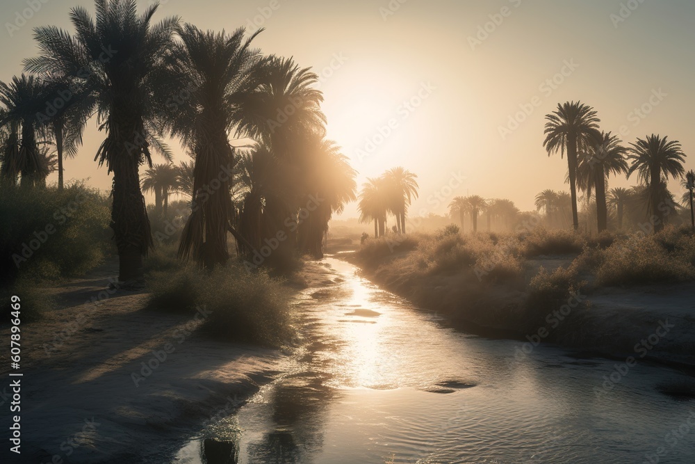 Poster a river that winds its way through a tropically verdant jungle packed with palm trees generative ai